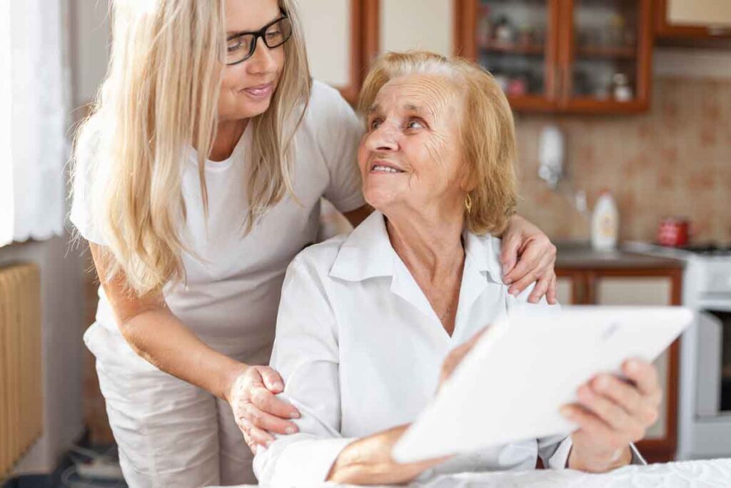 Elderly woman talking with her daughter